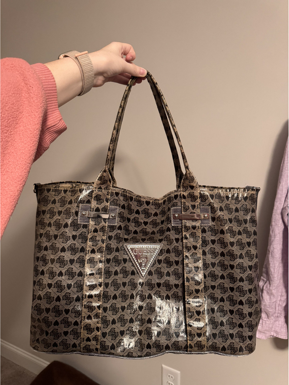 Vintage Y2K Guess Glossy Monogram Tote Bag - Black/Brown Print